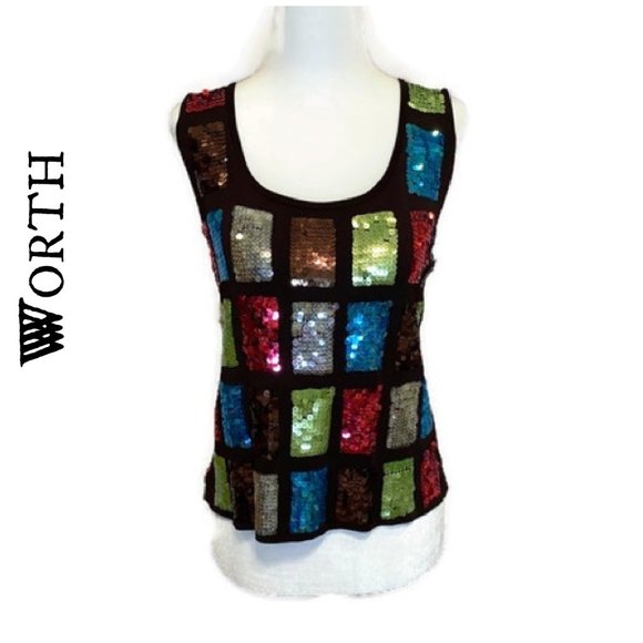 Worth Tops - WORTH Size L Sequin Multicolor Patchwork look
